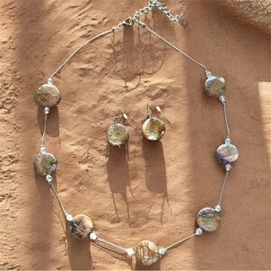 Abalone Shell Disc Necklace & Earring Set Silver Tone Adjustable 21–24” NWOT